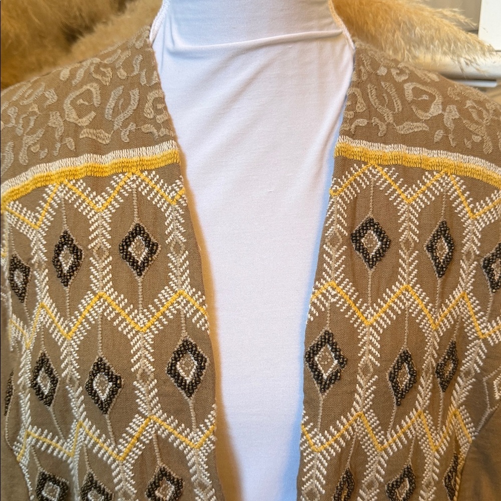 Chico’s Linen Aztec Embroidered Beaded Blazer Jacket 3/4 Sleeve Lagenlook XL - Picture 4 of 8